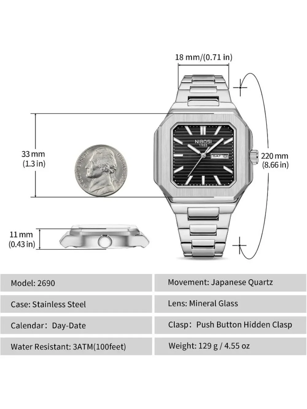 Men's Silver Black Square Analog Quartz Stainless Steel  Waterproof Wrist Watch